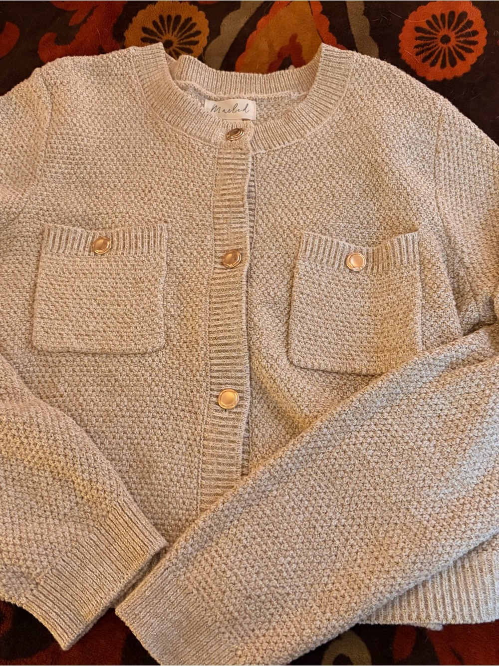 Cream Textured Button-Front Pocket Sweater